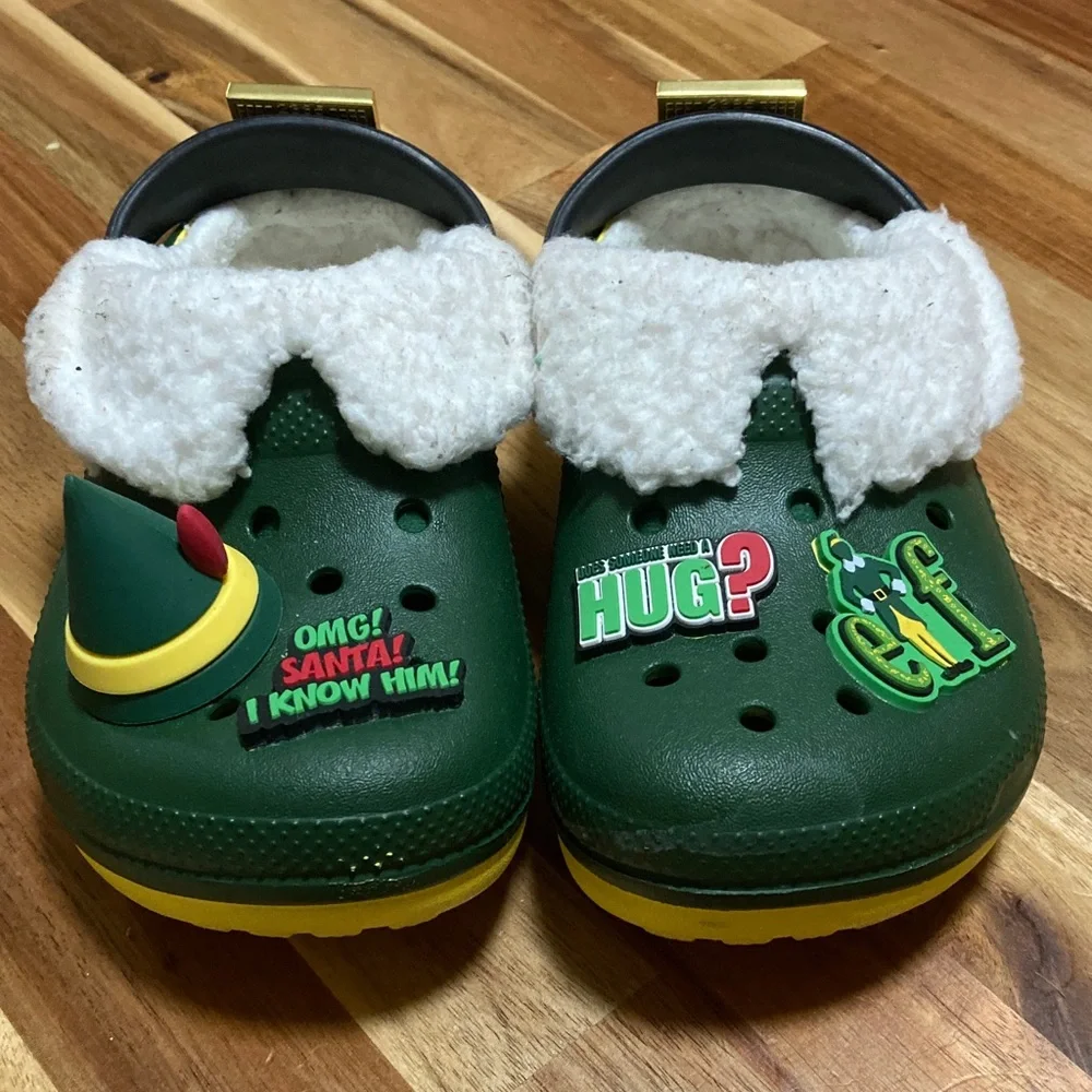 CROCS Kids Elf Holidays Green and Yellow Slippers with Plush Lining‎ Toddler 11